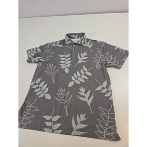 Five Birdies Polo Shirt Mens Medium Gray Leaf Print Golf Performance Stretch